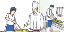 Eine Zeichnung von drei Personen, die in einer Küche Essen zubereiten.