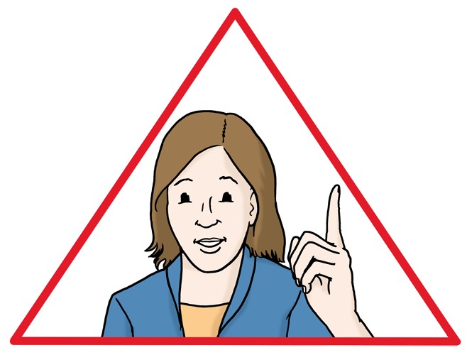 Eine Zeichnung von einem Warndreieck mit einer Frau drinnen, die ihren Finger warnend hebt.