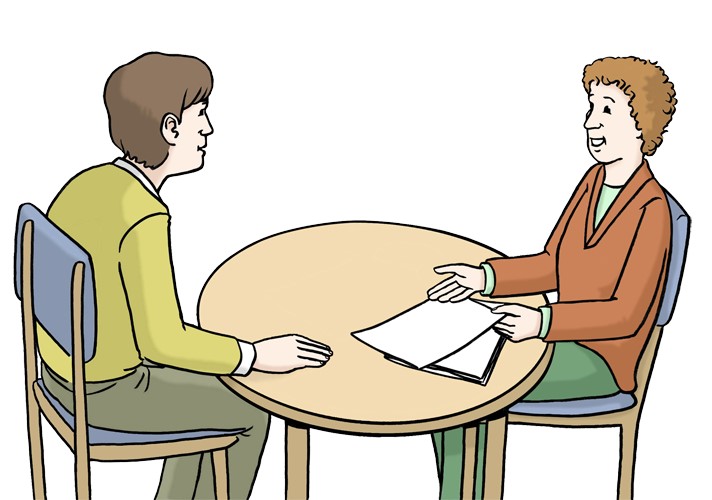 Zwei Menschen, die an einem Tisch sitzen. Eine Beratung in gezeichneter Form.