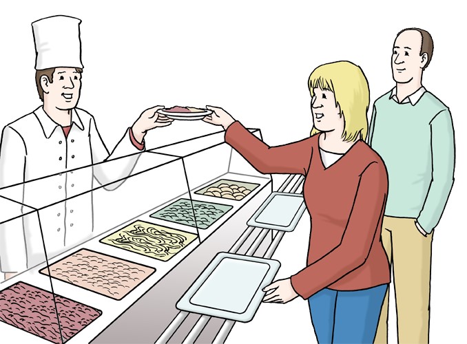 Eine Zeichnung von zwei Personen in einer Kantine, die von einem Koch ihr Essen überreicht bekommen.