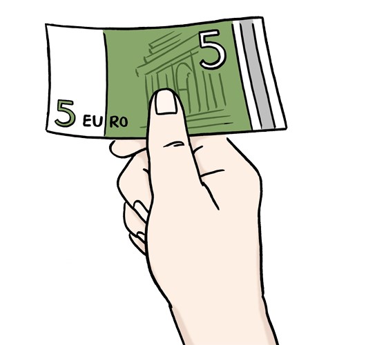 Eine gezeichnete Hand, die ein fünf Euro schein hält.