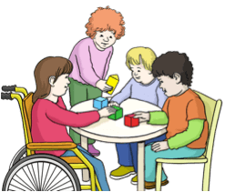 Vier gezeichnete Kinder, die zusammen am Tisch spielen.