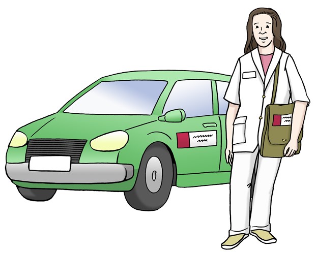 Abbildung einer Pflegerin vor einem Auto.