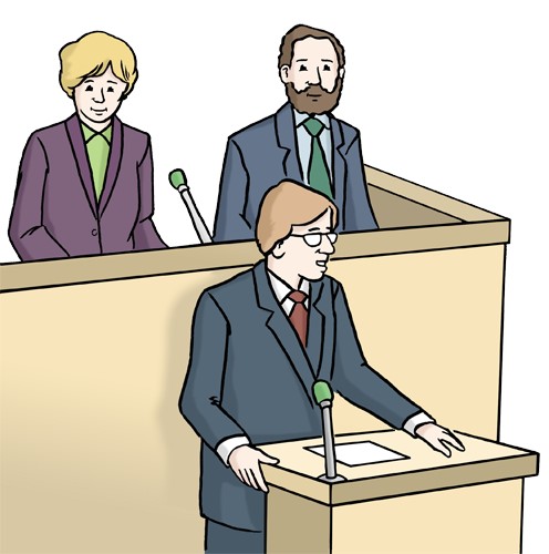 Eine Zeichnung von drei Personen, die vor einem Rednerpult stehen.