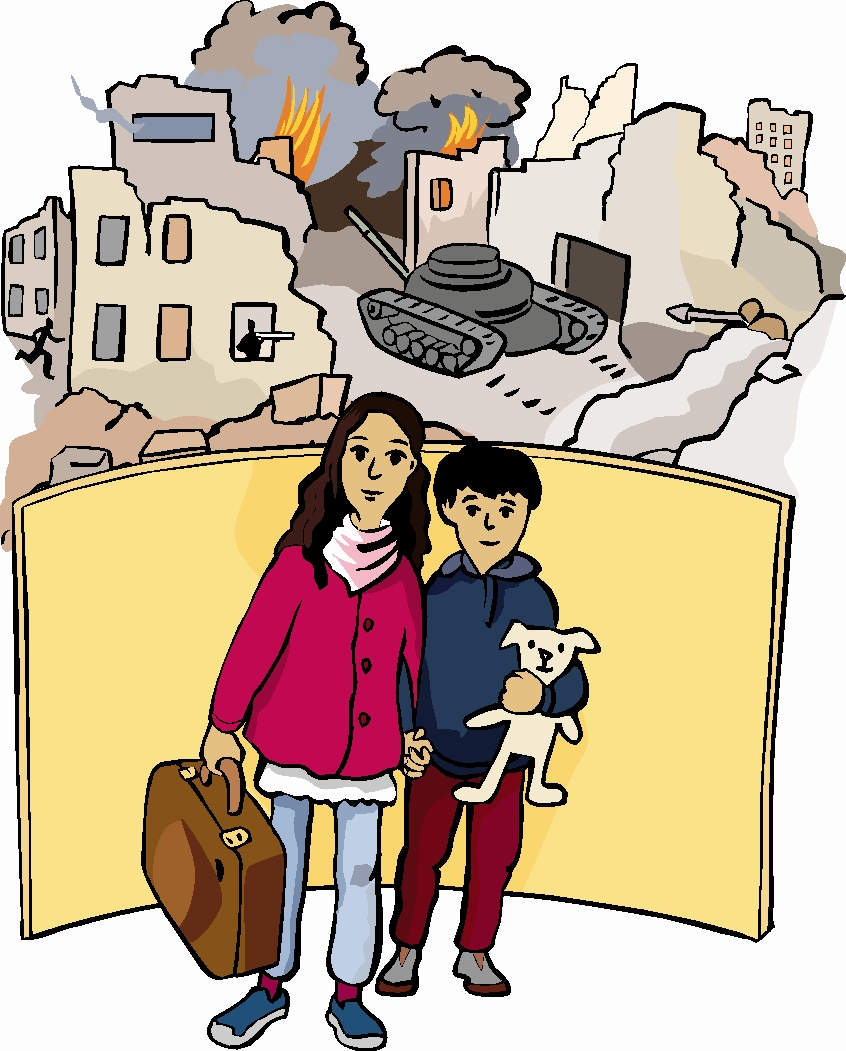 Zeichnung von zwei Kindern vor Hausruinen.