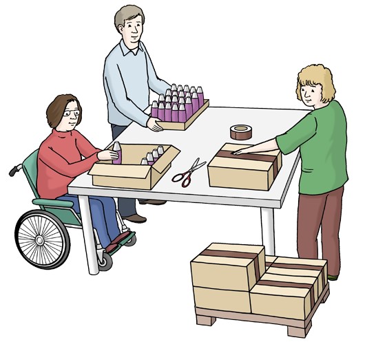 Eine Zeichnung von drei Personen, die an einem Tisch Kartons verpacken.