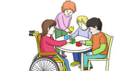 Zeichnung einer Gruppe von Menschen die zusammen am Tisch sitzen und spielen.