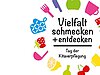 Bunte Essens-Icons umgeben einen Text: Vielfalt schmecken + entdecken. Tag der Kitaverpflegung.