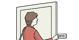 Eine Zeichnung von einer Frau, die an eine Tür klingelt.