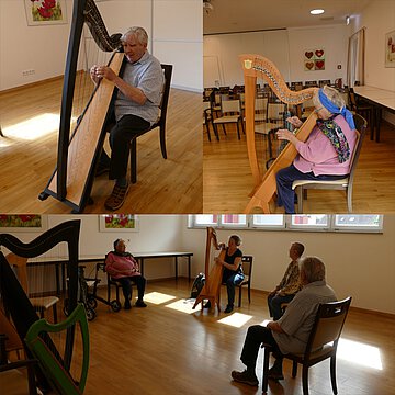Menschen beim Harfespielen