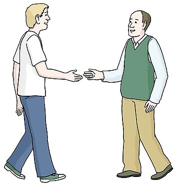Eine Zeichnung von zwei Personen, die sich mit einem Händeschütteln begrüßen.
