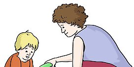 Eine Zeichnung von einer Frau und einem Kind, die zusammen spielen.