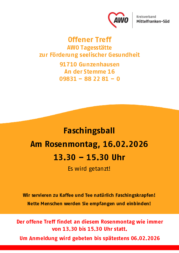 Einladung zum Rosenmontagsball im Rahmen des Offenen Treffs am 16.02.26 von 13:30 bis 15:30 Uhr