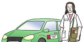 Abbildung einer Pflegerin vor einem Auto.